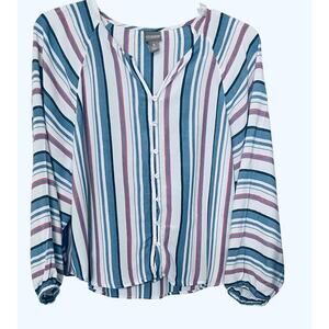 CHICO'S LONG BELL RAGLAN SLV BUTTON DOWN V-NECK BLOUSE, BLUE PINK BLACK STRIPE
